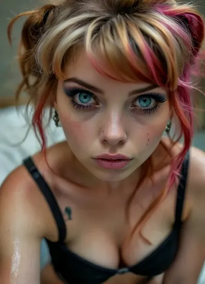 Cinematic still, (18yo woman), submissive, cute, gorgeous, freckles, ((slim:1.4)), ((muscular:1.3)), ((riding a:1.4)), (black mystical body tattoos:1.6), perfect round breasts, piercing, dark makeup, eyeliner, eyeshadow, mascara, long eyelashes, slim waist, black stockings, black choker, very long pink hair, striking facial features, (bright blue eyes), sad eyes, narrow face, wet skin, silver jewelry, on bed in a bright bedroom, (crawling over the viewer:1.5), (((looking directly to the viewer))), (everywhere:1.6), (ruined makeup:1.4), (ruined hairstyle:1.7), on s, dripping, devot, (closeup face:1.7), view from below, 4k epic detail, shot on kodak, 35mm photo, sharp focus, high budget, cinemascope, moody, epic, film grain, grainy, score_9, score_8_up, score_7_up, rating, explicit, big_eyes, but, <lora:style_lora_realis:2>, <lora:BUT_SDXL_SHS:2>, <lora:SDXLHighDetail_v6-000005:2>