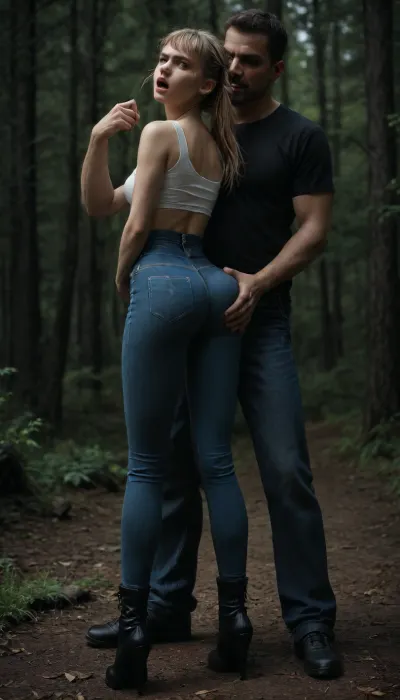 girl 18yo is, (abused in the forest:1.3), (looks angry, open mouth:1.2), is, (hair pulled:1.4), by tall man. He is, (grabbing her ass:1.3), and, (groping her ass:1.3), her. She is, (brutally molested:1.3), small breasts, (blond bobcut with bangs), petite, (big round bubble butt:1.3), (high waist tight jeans:1.5), (high heels high boots:1.3), (slim waist), white crop top, full body, ((front view)), <lora:bdsm_SDXL_1_:2>, <lora:Ass_Pants_XL:1.7>, <lora:ahxl_v1:2>, <lora:dark:.8>