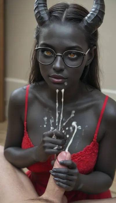 (1woman, 1man, hetro couple), (handjob, holding man's cock), high quality fantasy art of a beautiful adorable super cute demon woman, glowing within, delicate, kawaii, adorable, a dark demon woman with black horns, (black skin:1.6), (beautiful face:1.1), (old milf:.8), glasses, red dress, looking at viewer, (handjob for, (small cock:1.6)), (cum on body:1.6), (ejaculation:1.7), (thick cum), (white cum), <lora:SDXLFestiveSnow:.2>, <lora:BD1.1-000009:1.1>