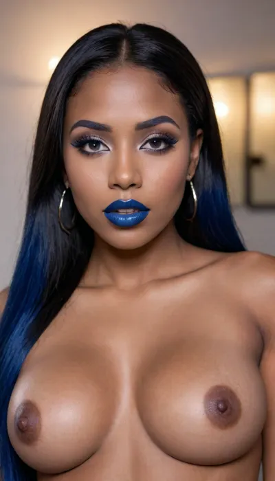 Insanely close up detailed photo of an latin 28-year-old girl, curvy body, latina, black straight long hairs, full lips, (((blue lipstick))), very very big eyes, make up, dark skin, (dark skin cinnamon), (nude:1.2), (naked:1.3), (((no clothes))), (((with elastic breasts))), (((little nipples))), (((round earrings))), (pussy visible:1.3), sexy, beautiful, tanned, with a perfect face, detailed face, (detailed hair, light hairstyle:1.1), (shiny dark skin body, realistic sweat:1.1), straight hairs, black hairs, earrings, nose earrings, Looking at the camera, in a dark room, lots of details, three-dimensional, epic, clear focus, depth of field, professional lighting, full view, 8k photography, HDR, the picture was taken on Canon EOS R5, 75 mm lens