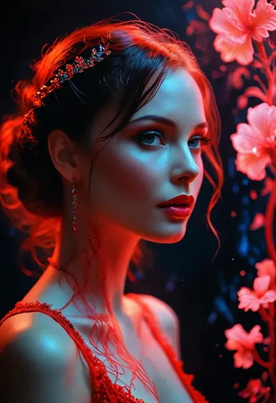 semi-realistic, fairytale-art, 40 yo, hightech-diva, drawing with red shaving foam on a blacklight glass plate, black paper background. /KlTTYART/, <lora:COMFYUI_mimic_landscape_-_XL_SDXL v2.0:.1>, <lora:attractive_notrigger:.1>, <lora:MJ52:.5>