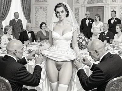 This is is a detailed monochromatic pencil drawing in a classical illustrative style depicts a scene set in USSR, in 1950s, a striking busty bride in a white dress, ((2 ugly bald old men roughly pawing her labia with their fingers)), 2 ugly bald old men mocking, on a festive table during the wedding banquet, She lifts the hem of her wedding dress with her hands, hairy pussy, her white stockings are visible, family and parents are watching in their best clothes, a large banquet hall, They celebrate the wedding without noticing the bride, The overall mood is intense, rendered in fine, expressive line work and subtle shading, evoking the style of 1950s satirical or moralistic illustrations.