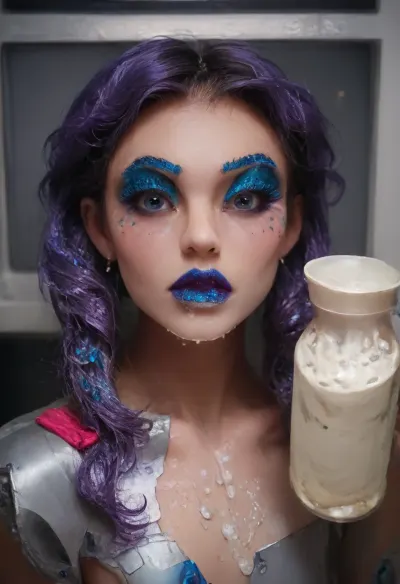 (Am I a very bad girl?), (milk on body:1.2), ((makeup:1.5), long fake eyelashes, blue eyeshadow with glitter), detailxl, res, raw, photo, epiCNegative, m3tall1c, makeup, portrait, metallic, (she's watching a porn movie on the monitor), I'm sitting with my legs apart. on a high stool, legs apart, (Indian face:1.9), (((nude))), Very Beautiful, From another world, ((slim figure)), ((whole body visible)), stockings with a butterfly pattern, best quality, photorealism, masterpiece, Perfect Lighting, Cinematic Lighting, Highly Detailed, Ultra-Realistic, Photorealistic, (girl ponytails, purple hair:1.3), There's an inscription in purple lipstick on her tummy. I want to get in the ass., (she's watching the movie "magic Girl":1.7), (latex big lips pussy:1.3), (ejaculation milk on:1.1), My labia look like the lips of a mouth in lipstick
I'm a girl, and my pussy looks exactly like the lips of an open mouth, painted with pink lipstick., from, You're stupid, you don't know where the vagina is.the vagina is located between the legs, A bimbo doll magic wand is inserted into my plump blue anus hole view from bottom to top my pussy is like lips in sticky lipstick, The overall lighting is soft and even, creating a warm and inviting atmosphere., ((topless, bottomless)), ankle bracelets, Highly Detailed Skin, Toned Body, ((blush on face)), ((Big Eyes)), (Perfect Eyes), (perfectly detailed sparkling blue eyes:1.1), eye contact, ((detailed face)), ((short black hair in braided pigtails)), (((detailed innocent face))), I show you my beautiful legs in stockings, A bimbo doll magic wand is inserted into my plump blue anus hole, small, breasts, medium, large, spreading, legs, creampie, pussy, nude, body, closeup, artoflips, uoclips, lips, lipstick, art, of, <lora:Art_Of_Lips_PONY_XL_By_UOC:.8>