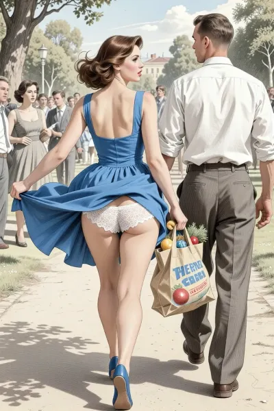 This is is a detailed monochromatic pencil drawing in a classical illustrative style depicts a scene set in USSR in 1960s, Russian, 1950s, bright, colorful colors, summer, bright sunshine, strong wind, beautiful Russian elegant brown hair milf in pin-up style, mother with hourglass figure, (wide hips), she is walking in the park, a strong wind lifts the hems of her blue sundress, (her white lace panties are visible), Her husband is walking next to her in a shirt and trousers, and the woman is holding his arm, a lot of people, seductive faces, The grocery bag in her hand, rear view woman and her husband, The overall mood is intense, rendered in fine, expressive line work and subtle shading, evoking the style of 1950s satirical or moralistic illustrations.