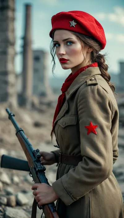 Soviet sniper woman od Stalingrad, Full Body, Full view, Blue eyes, red lip stock, on battlefield, brutal, forcef fucked by german soldier, lyingfloor, <lora:MJ52:.8>