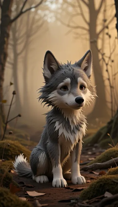 A wide cinematic still from a 1970s Soviet animated masterpiece, directly in the fine-art style of Yuri Norstein and Franceska Yarbusova. A solitary, small, scruffy grey wolf pup with disheveled, frayed fur sitting in a silent, misty twilight forest. The wolf has a soft, plush-like, slightly worn appearance, rendered with delicate ink hatching, soft charcoal smudges, and frayed edges to give his fur a scruffy, tousled texture—he is a gentle, hand-painted, slightly scruffy character, NOT a paper craft or 3D model. His eyes are large, sad, and deeply expressive. The entire scene is bathed in a warm, nostalgic color palette dominated by aged sepia, faded golden amber, muted dusty yellow, ochre, soft charcoal, and pale cream. The background features an atmospheric, ethereal forest with faint silhouettes of bare trees dissolving into a dense, amber-tinted fog. Soft focus, subtle lens haze, heavy 35mm film grain, atmospheric depth, melancholic fairytale mood, quiet and poetic Eastern European fine-art animation frame. --no paper craft, cutout, mosaic, 3d render, vector, sharp edges, piñata, digital art, origami, blue tones, cold lighting