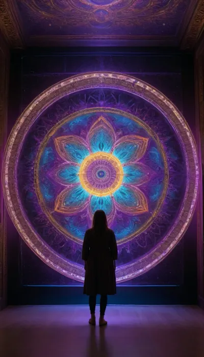 Generate a singular, hyper-detailed, and awe-inspiring image depicting a monumental, celestial loom suspended in a dark, infinite void. At the center of the loom, an ethereal, multi-armed quantum artisan, (evoking the ancient weaver archetype), manipulates glowing, UV-reactive threads that represent the probability waves of alternate timelines. The entire web is illuminated exclusively by a focused 365nm UV beam, causing the quantum silk to fluoresce into intricate mandalas of sacred geometry, galaxy clusters, and branching timelines in neon gold, quantum turquoise, and deep ultraviolet purple.