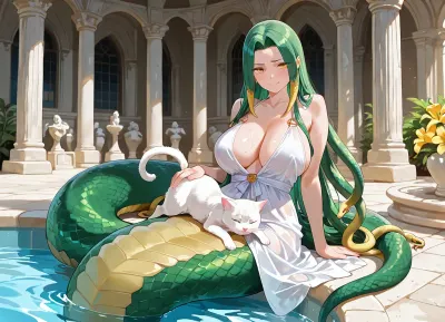 Medusa, gorgon, breathtaking sexy girl, beautiful extacy face with sensual mouth, happy face, cries, tears, perfect beautiful, (lamia, green snakes hair, snake tail instead of legs, no legs, snake lower body, green scales), yellow iris, beautiful girl, yellow scolera, anthropomorphic, body sheen, ultra high detailed character, aristocratic summer dress, .

marble Statues of Greek warriors in fighting pose, (white catlies on her lap, girl petting the cat), Medusa sits at the edge of a pool of water, ancient Greek temple, .

Perfect face, perfect body, perfect eyes, perfect pupils, perfect fingers, elastic silicone breast, (High, Resolution), (More, Details), (8K), boho, <lora:checkpoint-e100_s400:.8>, <lora:torino-XL-v2-ep20:.8>, <lora:BT_Boho_Dress_XL:.8>