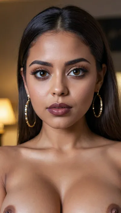 Insanely close up detailed photo of an latin 28-year-old girl, curvy body, latina, black straight hairs, full lips, (((brown lipstick))), (((very very big eyes))), make up, dark skin, (dark skin cinnamon), (nude:1.2), (naked:1.3), (((no clothes))), (((with elastic big breasts))), (((earrings))), (different poses), (pussy visible:1.3), sexy, beautiful, tanned, with a perfect face, detailed face, (detailed hair, light hairstyle:1.1), (shiny dark skin body, realistic sweat:1.1), straight hairs, black hairs, earrings, nose earrings, Looking at the camera, in a dark room, lots of details, three-dimensional, epic, clear focus, depth of field, professional lighting, full view, 8k photography, HDR, the picture was taken on Canon EOS R5, 75 mm lens