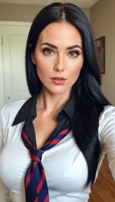 horny american Teacher 20 years old, bimbo style, perfect lighting, perfect skin, surreal, 8k resolution, super detailed, Instagram model, professional photography, bimbo make-up, Sleek Straight black Hair Back, sexy teacheruniform, medium breasts, Nordic, lifelike face, slim, slim body, athletic body, HRGM, hair, ring, in, mouth, tie, tying, adjusting, hold, a, black, on, her, <lora:hair_ring_SDXL_v1:.8>