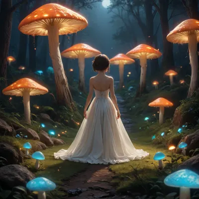 score_9, score_8_up, score_7_up, masterpiece, tall mushrooms, (blue glowing mushrooms), (green glowing mushrooms), (red glowing mushrooms), ((growing in a circle)), small female figure, wearing a white dress, standing beneath the mushrooms, back to the viewer, best quality, absurdres, extremely detailed, 2d, source anime, mystical forest, night, bioluminescent fungus, starlight, rendered, distant shot, rule of thirds, <lora:add-detail-xl:.5>, <lora:ClearHand-V2:.8>, artmgn, <lora:artfullyIMAGINE:.8>