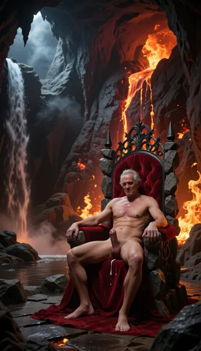 A massive, dark cavern resembling hell — Satan's throne room. The back wall glows with molten lava slowly flowing down its surface. The cave walls are engulfed in roaring flames, casting a fiery glow across the chamber. On the left side, a large waterfall pours into a small, steaming rock basin. In front of the glowing lava wall, (stands a throne made with stones and iron), upholstered with rich red velvet — Satan's throne. Satan sits on it, occupying only half the width of the seat. He is completely naked. he is 70 years old. His Penis is hard and big and dripping cum. He has a subtle, almost imperceptible smile on his face, and his arms are extended as if inviting the viewer into his embrace. The atmosphere is intense, infernal, and photorealistic, with dramatic lighting, shadows, and smoke."