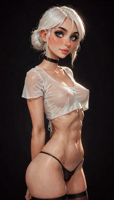 (reiq meets innv and Jack cayless art style), (Incase style:1.2), beautiful girl, (black eyeliner:1.3), (((solo))), (view from side:1.5), (black choker), (narrow waist:1.3), (sexy abs:1.5), (ruined makeup:.6), bangs over eye, symmetrical blue eyes, snub nose, plumb lips, parted lips, teeth visible, half-closed eyes, small breasts, (erect puffy nipples), 1girl, ((face focus)), (face closeup), beads of sweat, sweat body, beautiful curves of the body, (underboobs), (tight cleavage), (plunging neckline), (cute slight smile), (black stockings), (pussy cameltoe:1), realistic detailed, deep insertion, intim light, (black transparent crop top:1.4), (black micro panties), (upper body view), (simple dark background:1.8), skin texture, futuristic-fantasy-anime, incase, style, (ciri), (cirilla), <lora:sd_xl_turbo_lora_v1-64dim:2>, <lora:futureistic_fantasy_anime_sdxl_v1:2>, <lora:Incase_Style__SDXL:2>, <lora:Witcher3TurnXL_v1:.8>