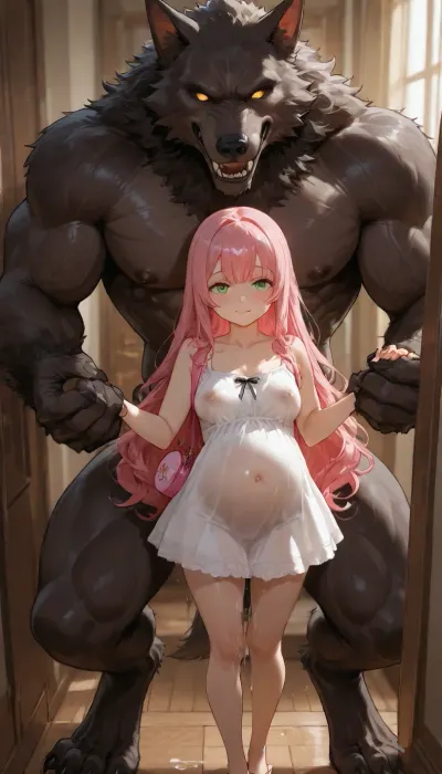 (masterpiece, best quality, highres, anime style), BREAK, 1girl, (Lana), 1werewolf, (Alpha), BREAK Lana, petite, really short, sweet, happy, small pregnant stomach, big green eyes, long wavy blonde hair, hair down to her hips, medium breasts, massive nipples, puffy nipples, heavily lactating, lots of white milk, white dress with sunflowers, cum dripping down legs, small pink hair barrette, pink backpack purse, flip flops
Alpha, giant werewolf, scarred, extremely muscular, extremely tall, huge cock
BREAK Alpha and Lana are standing in the living room. Alpha and Lana are holding hands
BREAK, (Natural light, explicit, nsfw)