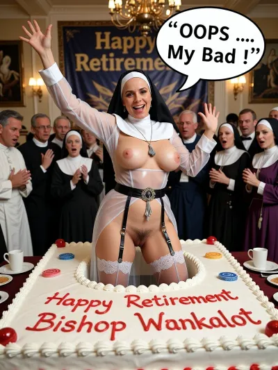 a very sexy, (((chubby))), and, (super busty:1.8), 38 years old woman, dressed as a sexy BDSM Nun, transparent costume, crotchless lace panties, hairy pussy, garter belt, tit tassels, she is hidden from sight at first but she jumps out of a giant, ((fake)), birthday cake waving her hands into the air when she smiles, lots of middle aged priests nuns and bishops around her, look of horror on their faces . big banner on the background reading "Happy Retirement ", big banquet hall, masterpiece, best quality, photorealistic, Big speech bubble “OOPS … My Bad ! “. Written around the cake is “Happy Retirement Bishop Wankalot “
