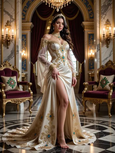 A regal and elegant woman stands poised in a grand, opulent palace hall, her body angled slightly to the side while her head turns to gaze directly at the viewer with an expression of serene confidence. She has long, flowing dark brown wavy hair cascading over her shoulders, adorned with a delicate golden filigree headpiece that rests gracefully atop her brow. Her skin is luminous and flawless, and she wears subtle gold earrings that complement her attire. Her pose is graceful and statuesque — one hand lightly touches the fabric of her gown near her thigh, while the other rests gently on her hip, revealing a high slit on her dress that showcases one toned leg. She is barefoot, standing upon a polished marble floor with geometric black and white patterns that reflect the ambient light.

She is dressed in an exquisite, floor-length gown of cream and beige silk, richly embellished with intricate gold embroidery and ornate filigree patterns along the neckline, sleeves, hem, and bodice. The gown features a dramatic off-the-shoulder design with sheer, translucent sleeves that cascade down to her wrists, delicately decorated with gemstone accents — emeralds, rubies, and sapphires — embedded within the goldwork. A voluminous, trailing train extends behind her, embroidered with elaborate gold motifs and scattered with large, radiant gemstones, particularly prominent at the hemline. The bodice is fitted and structured, accentuating her waist, while the skirt flares out into a luxurious, asymmetrical silhouette that pools elegantly around her feet.

The setting is a majestic palace interior, characterized by towering arched doorways framed in gilded stonework with blue and gold decorative motifs. The walls are adorned with marble panels, heavy velvet drapes in deep burgundy and gold, and ornate golden columns that support the arches. Two ornate, gilded armchairs with plush burgundy cushions and embroidered pillows — one featuring a green floral design with a central ruby — flank either side of the scene, symmetrically placed. Each chair is illuminated by wall-mounted candelabras with multiple lit candles casting a warm, flickering glow. Additional candlelight emanates from small tables and sconces, contributing to the ambient illumination. A magnificent crystal chandelier hangs from the ceiling above, its glowing amber lights and dangling crystals casting soft reflections across the room. Sunlight streams through a distant stained-glass window, creating a beam of light that illuminates the space and adds depth to the composition.

The lighting is rich and cinematic, blending the warm glow of candlelight with the soft, ethereal radiance of natural sunlight filtering through the window. This creates a dramatic interplay of shadows and highlights that enhances the textures of the fabrics, marble, and gold accents. The overall mood is one of timeless luxury, regal grace, and enchanting mystery, evoking the atmosphere of a royal court or a magical realm.