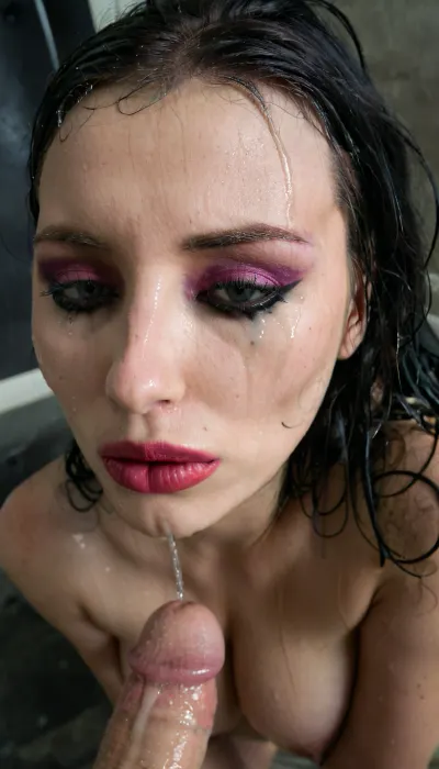 (Full body portrait:1), (candid amature photo:1), In a luxurious goth bedroom, depressed hot gorgeous goth woman having her face glazed in thick cum that ruined her heavy watered makeup, sexually abused breathtaking beautiful 18 years old goth woman, rectangular beautiful skinny face, small upturned thin nose, strong feminine jawline, beautiful high-cheekbones, (wet heavily ruined makeup:1.4), (mascara rimmel tears:1.2), heavy watered eyeshadows, (ruined lipstick around her lips:1.3), (very long black dirty hair with bangs:1), anorexic body, gigantic saggy breasts, (very sad desperate and exhausted appearance:1.3), depressed goth girlfriend, desperate, no-will-for-life, (extremely pale goth skin:1), microwaist, huge natural saggy breasts, green-grey open eyes, (a man is grabbing her hair:1.2), (open eyes:1.4), (sad tired eyes crying watered eye contact with viewer:1), (fifty gallows of thick cum poured on her face and body:1.4), in luxurious bedroom cold low lighting, photorealistic glazed with cum skin, photorealistic skin details, soft-moles, pimples, dimples, acne, blemishes, blushes, skin pores, detailed, sad, sorrowful, looking, tears, 4ng3l, face, Object, gd, erection, sex, toy, penis, large, <lora:Wet_Makeup__Runny_Mascara-000006:.8>, <lora:polyhedron_tears-000003:.8>, <lora:SDXL_BetterFaces-LoRA_v1:.8>, <lora:dark:.8>, <lora:Penis_XL:.8>