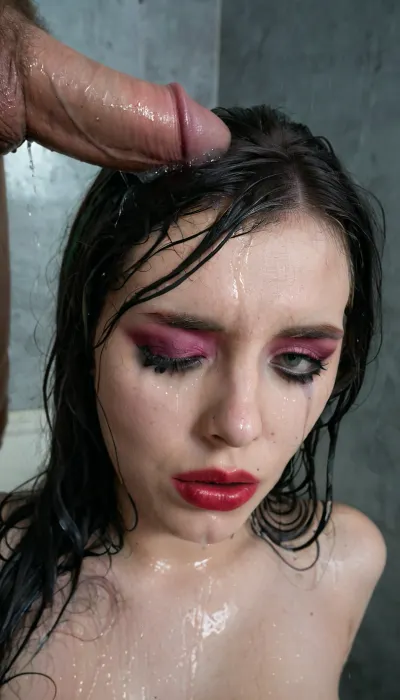 depressed hot gorgeous goth woman having her face glazed in thick cum that ruined her heavy watered makeup, sexually abused breathtaking beautiful 18 years old goth woman, rectangular beautiful skinny face, small upturned thin nose, strong feminine jawline, beautiful high-cheekbones, (wet heavily ruined makeup:1.4), (mascara rimmel tears:1.2), heavy watered eyeshadows, (ruined lipstick around her lips:1.3), (very long black dirty hair with bangs:1), anorexic body, gigantic saggy breasts, (very sad desperate and exhausted appearance:1.3), depressed goth girlfriend, desperate, no-will-for-life, (extremely pale goth skin:1), microwaist, huge natural saggy breasts, green-grey open eyes, (a man is grabbing her hair:1.2), (open eyes:1.4), (sad tired eyes crying watered eye contact with viewer:1), (girl is soaking wet with fifty gallows of thick cum poured on her:1.4), in luxurious bedroom cold low lighting, photorealistic glazed with cum skin, photorealistic skin details, soft-moles, pimples, dimples, acne, blemishes, blushes, skin pores, detailed, sad, sorrowful, looking, tears, 4ng3l, face, Object, gd, erection, sex, toy, penis, large, <lora:Wet_Makeup__Runny_Mascara-000006:.8>, <lora:polyhedron_tears-000003:.8>, <lora:SDXL_BetterFaces-LoRA_v1:.8>, <lora:dark:.8>, <lora:Penis_XL:.8>
