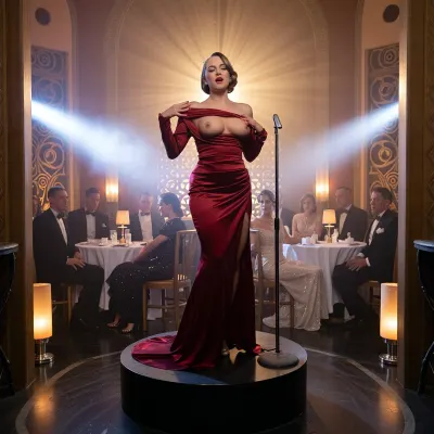 A vintage cinematic still from a 1940s jazz club, a wide, symmetrical shot from behind the singer. The elegant female vocalist stands on a small round stage, her round, natural breasts visible, wearing a long, flowing, dark red satin dress with a train. One breast is visible, the hem of the dress resting on a round podium. A diode is on her head. One hand is gracefully raised as she sings, the other pulls the shoulder of her dress to the side, revealing her breast. She stands out in silhouette against a dazzlingly bright, warm backlight, creating a glowing halo and visible rays of light through the thick haze. Two white spotlights intersect diagonally in the smoky air to the left and right. Around the stage are the audience in 1940s formal attire, men in tuxedos, women in pearl-embellished evening gowns, seated at round tables with white tablecloths and small, warm table lamps. The Art Deco interior features carved gold panels, amber floor lamps at the edge of the stage, and a glossy dark floor reflecting the lights. Contrasts of warm orange and cool blue, haze, film grain, halo effects, soft diffusion, retro-analog aesthetics, cinematic light and shadow, and a dreamy, nostalgic atmosphere.