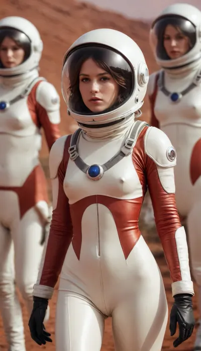 Hentai anime illustration by Bobby Abley, closeup portrait, award winning photography, 20 years old beautiful woman, supermodel body, thigh gap, very soft dark dim moody lighting, cinematic photo, Waist-up, muted photo portrait titled "a group of female astronaut in mars", walking, observing, shiny helmet ivory cold color palette, full body suits, textured thick fabric, zipper, gloves, muted colors, detailed, 8k, puffy cameltoe, high quality detailed mars surface, red sky, perfect lighting, outdoor, enhanced background. shot with leica summicron 35mm f2.0 lens on kodak portra 400 film, masterpiece, sexy, aesthetic, trending on pintrest, 35mm photograph, film, bokeh, professional, highly detailed, Radiant, in the style of Max Dupain, <lora:add-detail-xl:.9>, <lora:bralessSDXL_v1_00022:.1>