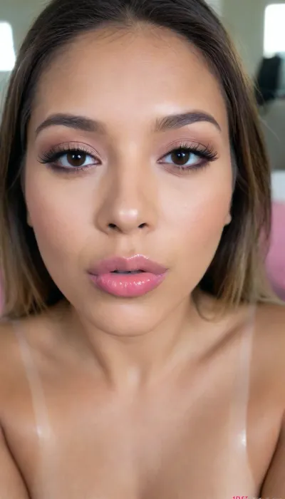 A Filipina's slut face, (27 years old), dark brown tanned skin, (softly overlined lips with a muted rosy nude-pink lipstick, subtle mauve undertones, slightly deeper pink lip liner defining the edges, sheer translucent gloss layered over the lipstick, soft reflective highlights on the center of the lips, naturally full-looking lips), masculine jaw, looking straight at camera, closed lips, face portrait, round face