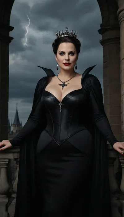 A curvy, evil queen standing on the balcony of her dark medieval castle, with a sinister grin, dressed in black, with a very low neckline, like lightning in the sky.