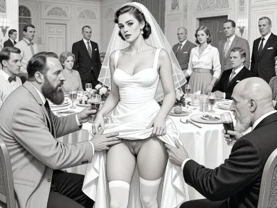 This is is a detailed monochromatic pencil drawing in a classical illustrative style depicts a scene set in USSR, in 1950s, a striking busty bride in a white dress, ((2 drunk Obese ugly hairy bearded Caucasian old men roughly pawing her labia with their fingers)), 2 drunken Obese ugly hairy bearded Caucasian old men mocking, on a festive table during the wedding banquet, She lifts the hem of her wedding dress with her hands, hairy pussy and white stockings are visible, family and parents are watching in their best clothes, a large banquet hall, They celebrate the wedding without noticing the bride, The overall mood is intense, rendered in fine, expressive line work and subtle shading, evoking the style of 1950s satirical or moralistic illustrations.