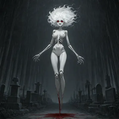 score_9, 1 ghastly female, about 33, very thin, is naked, ghost white skin, in a very foggy 1200's church graveyard, camera view is set far back, 32k image, floating in air, has no legs, ghostly form with no legs, perfect hands with long claw nails, no legs, no feet, ghostly form, floating, very skinny ghastly shape, completely naked, no hair, white ghostly afro hair, blood dripping from claws, evil demonic red eyes with a hollow empty feel, 34C cup breasts, medium size breasts, ghostly white boobs and nipples, everything about the ghost is ghastly and greyish white, raining heavy, old england graveyard, many ancient, tombstones, skeletal hands popping out of a few spots in background, scary environment, very spooky feel