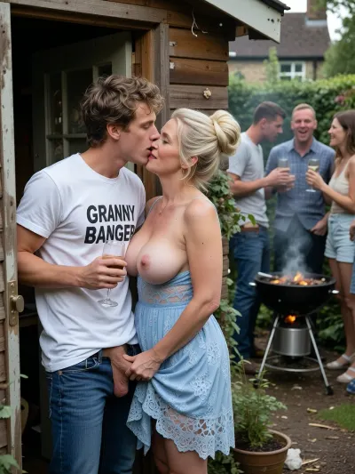 Neighbourhood garden drinks party. In the untidy garden shed, a 22yo handsome man, touseled sandy hair, in blue jeans and a white cotton shirt with the words “GRANNY BANGER” on it, has doggystyle sex from behind with the busty housewife, 55 + years old, (he puts his hard cock between her buttocks:1.5), (analsex:1.4), he cuddles up behind the woman, kissing her on the side of her neck while slipping a hand around toncup her heavy sagging breasts, the busty plus sized horny housewife, platinum blonde in high elaborate updo., hides inside the shed with the door open. while holding a glass of wine in one hand, her body angled so that her back is toward the man, her posture subtly deliberate yet natural, she wears a delicate summer blue lace dress, the fabric extremely fine and lightweight, (her free hand lightly lifting the fabric near her ass in a sexy and almost absent minded gesture:1.4), (The couple hide inside the shed as the guests party in the English cottage garden:1.2), in the background through the doorway in the back garden the crowd are laughing and drinking, cooking on a smoky bbq, softly out of focus, they are unaware of the full situation, the composition emphasizing layered perspective, concealment, ultra photorealistic, cinematic realism, extremely high detail, 35mm film photography, shallow depth of field, smooth bokeh, non uniform sharpness, hyper realistic skin texture with visible pores and natural imperfections, (lifelike faces with detailed eyes:2), natural asymmetry, realistic facial expressions, highly detailed fabric rendering, physically accurate lighting, natural falloff, cinematic color grading, analog film grain, no digital sharpness, no HDR look, real world texture fidelity, (faces of the man and the woman in the foreground rendered with exquisite attention to detail), dark cinematic lighting, chiaroscuro.