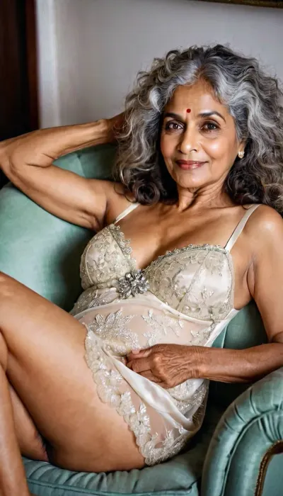 ((South Indian woman)), grandma, 70 year old mature woman, Lying back in an oversized chair with her, legs spread open, black nylon panties and a lose white night dress, hip length long curly grey hair extremely messy hair, Cheeks flushed from alcohol, drunk, extremely tipsy, eyes glazed and half-lidded with a lazy, unfocused sparkle., (Lips parted in an uninhibited sexual smile), one corner curled higher in a playful smirk. Mascara slightly smudged beneath the lower lash line. Eyebrows relaxed, giving a soft, dreamy sexy look. A stray lock of hair falling across the forehead. Skin has a warm sheen from body heat, subtle highlight along the cheekbones and nose bridge. Eyes catching low, warm lighting, skin imperfections, perfect eyes