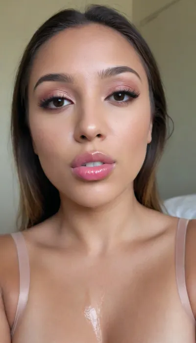 (A Filipina's slut face:1.2), (27 years old), dark brown tanned skin, (movie star lips), (softly overlined lips with muted rosy nude-pink lipstick, subtle mauve undertones, slightly deeper pink lip liner defining the edges, sheer translucent gloss layered over the lipstick, soft reflective highlights on the center of the lips, naturally full-looking lips), (medium-width natural nose), (straight natural nose bridge), (softly rounded slightly bulbous nose tip), (naturally wider nostrils), (subtle nasal width), (nose proportionate to the face), masculine jaw, (softly rounded jawline), looking straight at camera, closed lips, face portrait, (round to softly oval face), natural facial asymmetry, natural facial proportions, realistic skin texture