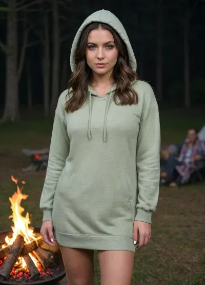 8 k, 28 year old american brunette with blonde highlights student beauty in a camp by night, dark brunette hair, super model, around a fire, campsite, firepit, campfire in background, nighttime, beautiful face, young face, green eyes, liquor bottle, grassy area, large natural breasts, firm tits, ohwx, woman, hooded, dress, <lora:clothing_slider_v19_000000030:2>, <lora:ai_Alice_v1:2>, <lora:BT_Hooded_Dress_XL:2>, <lora:Creat0r_MagicDetailzV2_FIX:2>