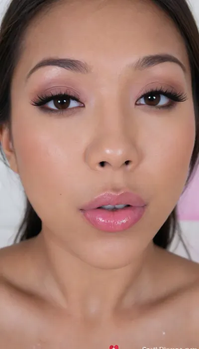 (portrait of a Pinay Filipina Asian:1.2), (tightly closed mouth, lips together:1.2), A Filipina's slut face and shoulders, (27 years old), dark brown tanned skin, (softly overlined lips with muted rosy nude-pink lipstick, (subtle mauve undertones), (slightly deeper pink lip liner defining the edges:1.2), sheer translucent gloss layered over the lipstick, soft reflective highlights on the center of the lips, naturally full-looking lips), (medium-width natural nose), (straight natural nose bridge), (softly rounded slightly bulbous nose tip), (naturally wider nostrils), (subtle nasal width), (nose proportionate to the face), masculine jaw, (softly rounded jawline), (looking straight at camera:1.1), closed lips, (face portrait), (frontal shot), (round to softly oval face), natural facial asymmetry, natural facial proportions, realistic skin texture