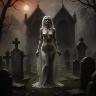 score_9, 1 ghastly female, about 33, very thin, is naked, ghost white skin, in a very foggy 1200's church graveyard, camera view is set far back, 32k image, floating in air, has no legs, ghostly form with no legs, perfect hands with long claw nails, no legs, no feet, ghostly form, floating, very skinny ghastly shape, completely naked, no hair, white ghostly afro hair, blood dripping from claws, evil demonic red eyes with a hollow empty feel, 34C cup breasts, medium size breasts, ghostly white boobs and nipples, everything about the ghost is ghastly and greyish white, raining heavy, old england graveyard, many ancient, tombstones, skeletal hands popping out of a few spots in background, scary environment, very spooky feel, cemetery, graves, pumpking, bats, <lora:Halloween Series_ Spooky Cemetery_epoch_5:.8>, 33r13, c3m3t3ry, <lora:33r13_c3m3t3ry:.8>, ghost, person, <lora:ghosts person 1a:.8>, ais-ghostly, <lora:Ghostly_Style_SDXL:.8>, <lora:Spectral_Photography-000002:.8>