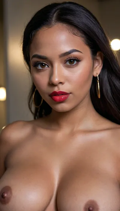 Insanely close up detailed photo of an latin 28-year-old girl, curvy body, latina, black straight hairs, full lips, (((lipstick))), very big eyes, make up, dark skin, (dark skin cinnamon), (nude:1.2), (naked:1.3), (((no clothes))), (((with elastic big breasts))), (((round earrings))), (different poses), (pussy visible:1.3), sexy, beautiful, tanned, with a perfect face, detailed face, (detailed hair, light hairstyle:1.1), (shiny dark skin body, realistic sweat:1.1), straight hairs, black hairs, earrings, nose earrings, Looking at the camera, in a dark room, lots of details, three-dimensional, epic, clear focus, depth of field, professional lighting, full view, 8k photography, HDR, the picture was taken on Canon EOS R5, 75 mm lens