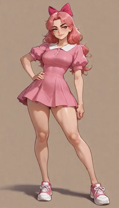 masterpiece, best quality, absurdres, very aesthetic, intricate details, 1girl, solo, helga pataki from hey arnold, aged up to 20 years old, short messy blonde hair, huge signature pink hair bow on top of head, heavy freckles across nose and cheeks, sharp blue eyes, thick dark eyebrows, slightly mature face, confident smirk, intense gaze, wearing her classic pink dress with white peter pan collar, short puffy sleeves, same exact outfit from the cartoon but on adult body, athletic and toned body, medium firm breasts, narrow waist, long legs, pink sneakers, standing pose, hand on hip, looking at viewer, hey arnold art style, cartoon aesthetic, clean thick outlines, flat colors with soft shading, vibrant pink and yellow color palette, detailed clothing folds, realistic proportions mixed with cartoon style, (helga pataki:1.3), (large pink hair bow:1.4), (freckles:1.2), (classic pink dress:1.25), hey arnold style, nickelodeon cartoon style
detailed face, sharp eyes, thick eyebrows