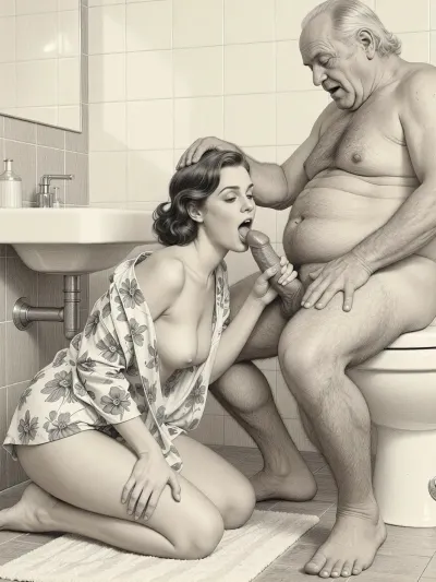 This is is a detailed monochromatic pencil drawing in a classical illustrative style depicts a scene set in Russian, 1950s, (1 woman + 1 very ugly old men), Beautiful sexy brown hair mother elegant hairstyle wearing in open short floral robe on a naked body, she in bathroom on her knees in bathroom and licking the cock of Obese ugly old man 90 yo who sits on the toilet, seductive face, very excited, lustful, old man's hand on mother's head, The overall mood is intense, rendered in fine, expressive line work and subtle shading, evoking the style of 1950s satirical or moralistic illustrations.