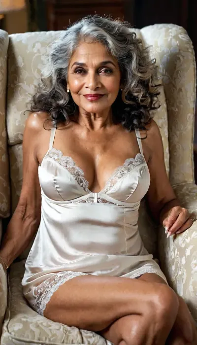 South Indian woman, grandma, (70 year old mature woman), Lying back in an oversized chair with her, (legs open), black lace nylon panties, and a lose white night dress, (drunk), extremely tipsy eyes, hip length long curly grey hair, extremely messy hair, Cheeks flushed from alcohol, Lips parted in an uninhibited sexual sultry smile, one lip corner curled higher in a playful, (sexual seductive smirk), eyes glazed and half-lidded, Mascara slightly smudged beneath the lower lash line. Eyebrows relaxed, giving a soft, dreamy sexy look. A stray lock of hair falling across the forehead. Skin has a warm sheen from body heat, subtle highlight along the cheekbones and nose bridge. Eyes catching low, warm lighting, skin imperfections, perfect eyes