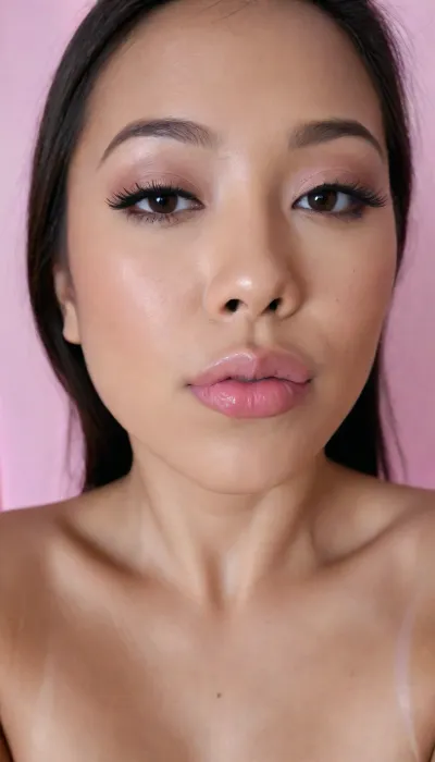 (portrait of a Pinay Filipina Asian:1.2), (tightly closed mouth, lips together:1.3), A Filipina's slut face and shoulders, (27 years old), dark brown tanned skin, (softly overlined lips with muted rosy nude-pink lipstick, (subtle mauve undertones), (slightly deeper pink lip liner defining the edges:1.2), sheer translucent gloss layered over the lipstick, soft reflective highlights on the center of the lips, naturally full-looking lips), (medium-width natural nose), (straight natural nose bridge), (softly rounded slightly bulbous nose tip), (naturally wider nostrils), (subtle nasal width), (nose proportionate to the face), masculine jaw, (softly rounded jawline), (looking straight at camera:1.1), closed lips, (face portrait), (frontal shot), (round to softly oval face), natural facial asymmetry, natural facial proportions, realistic skin texture