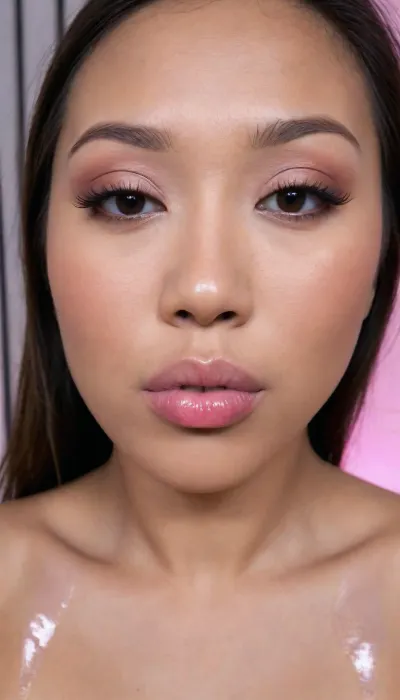 (Pinay Filipina Asian:1.2), (closed mouth), A Filipina's slut face, (27 years old), dark brown tanned skin, (softly overlined lips with muted rosy nude-pink lipstick, (subtle mauve undertones), (slightly deeper pink lip liner defining the edges:1.2), sheer translucent gloss layered over the lipstick, soft reflective highlights on the center of the lips, naturally full-looking lips), (medium-width natural nose), (straight natural nose bridge), (softly rounded slightly bulbous nose tip), (naturally wider nostrils), (subtle nasal width), (nose proportionate to the face), masculine jaw, (softly rounded jawline), looking straight at camera, closed lips, (face portrait), (round to softly oval face), natural facial asymmetry, natural facial proportions, realistic skin texture