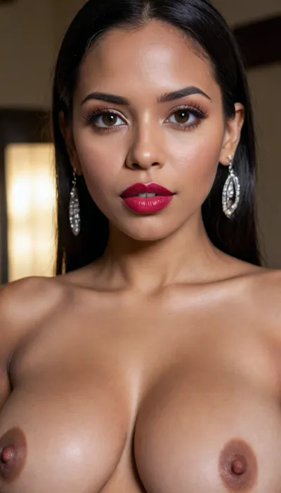 Insanely close up detailed photo of an latin 28-year-old girl, curvy body, latina, black straight hairs, full lips, (((lipstick))), very big eyes, make up, dark skin, (dark skin cinnamon), (nude:1.2), (naked:1.3), (((no clothes))), (((with elastic big breasts))), (((earrings))), (different poses), (pussy visible:1.3), sexy, beautiful, tanned, with a perfect face, detailed face, (detailed hair, light hairstyle:1.1), (shiny dark skin body, realistic sweat:1.1), straight hairs, black hairs, earrings, nose earrings, Looking at the camera, in a dark room, lots of details, three-dimensional, epic, clear focus, depth of field, professional lighting, full view, 8k photography, HDR, the picture was taken on Canon EOS R5, 75 mm lens