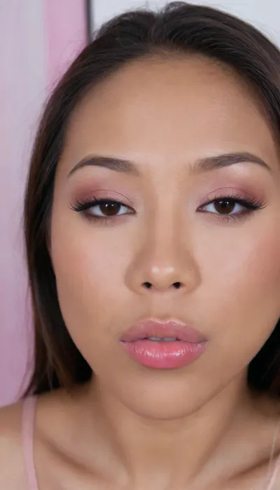 (portrait of a Pinay Filipina Asian:1.2), (tightly closed mouth, lips together:1.3), A Filipina's slut face and shoulders, (27 years old), dark brown tanned skin, (softly overlined lips with muted rosy nude-pink lipstick, (subtle mauve undertones), (slightly deeper pink lip liner defining the edges:1.2), sheer translucent gloss layered over the lipstick, soft reflective highlights on the center of the lips, naturally full-looking lips), (medium-width natural nose), (straight natural nose bridge), (softly rounded slightly bulbous nose tip), (naturally wider nostrils), (subtle nasal width), (nose proportionate to the face), masculine jaw, (softly rounded jawline), (looking straight at camera:1.1), closed lips, (face portrait), (frontal shot), (round to softly oval face), natural facial asymmetry, natural facial proportions, realistic skin texture