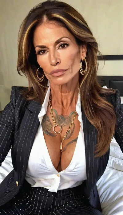 Lying on bed, huge fake tits cleavage, black pinstripe blazer with white shirt and pinstripe pants, ((old, 50yo)), handcuffed, gold hoop earrings, nose ring, tattoos, sexy neck, ((old brown hair mom woman)), (tan skin), (skinny muscle:1.3), (beautiful Mexican instagram model face), (fit body), very beautiful, perfect skinny body, perfect face, looking at the camera, perfect eyes, (skinny fit), pretty, snub-nosed, long hair, 4ng3l, face, <lora:clothed_small:1.8>, <lora:SDXL_BetterFaces-LoRA_v1:.8>