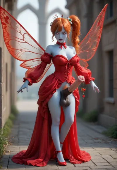 futanari, devil, evil, red skin, ginger, ((youthful small very puffy pointed ski-jump breasts with huge areolas:1.3)), natural breasts, cleavage, ((massive heavy detailed red equine cock and balls:1.3)), excessive pubic hair, (old milf:1.11), tiny odd little pixie, long spindly arms and mantis-like proportions, no pupils, glowing eyes, anime style, blue skin, f/1.4 lens, bokeh, tiny Daisy fairy princess, insect wings, see-through gossamer, in heat, in a video game, bombshell hair, glowing ginger hair, side ponytail, handstand, show full body in view, victorian, red dress, <lora:EnvyPixieXL01:.8>, <lora:victorian_dress-XL-2.0:.8>