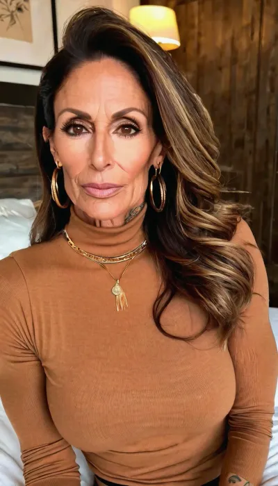 Lying on bed, huge fake tits cleavage, pink turtleneck knit sweater, ((old, 50yo)), handcuffed, gold hoop earrings, nose ring, tattoos, sexy neck, ((old brown hair mom woman)), (tan skin), (skinny muscle:1.3), (beautiful Mexican instagram model face), (fit body), very beautiful, perfect skinny body, perfect face, looking at the camera, perfect eyes, (skinny fit), pretty, snub-nosed, long hair, <lora:clothed_small:1.8>