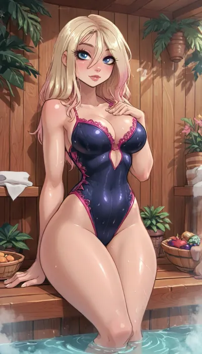 (innv meets jack cayless style), (reiq style, masterpiece, cel-shaded, limited color palette), ((Beautiful Sexy Muscles Gwen from marvel body)), (1girl, solo, alone, 21 year old woman), ((1girl, solo, alone, 21 year old woman body)), (blonde with pink tips hair), (gorgeous, seductive face, mature, ads, perfect breast, perfect hands, perfect legs, small waist, thick thighs, hips, big ass, sweaty body), (spiderman black crisscross lace swimsuit:1.1), (((posing))), (sauna, steam, summer, beach, tropical, flowers, plants, sauna background), ultravio let light, LoL, Style, ratatatat74, <lora:mk_Bp Anime_xl:2>, <lora:cartoon_stickers_xl_v1:2>, <lora:Spider-Gwen:2>, <lora:LCMTurboMix_Euler_A_fix:2>, <lora:ratatatat74-000050:2>