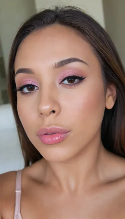A Filipina's slut face, (27 years old), dark brown tanned skin, (softly overlined lips with muted rosy nude-pink lipstick, subtle mauve undertones, slightly deeper pink lip liner defining the edges, sheer translucent gloss layered over the lipstick, soft reflective highlights on the center of the lips, naturally full-looking lips), (medium-width natural nose), (straight natural nose bridge), (softly rounded slightly bulbous nose tip), (naturally wider nostrils), (subtle nasal width), (nose proportionate to the face), masculine jaw, (softly rounded jawline), looking straight at camera, closed lips, face portrait, (round to softly oval face), natural facial asymmetry, natural facial proportions, realistic skin texture