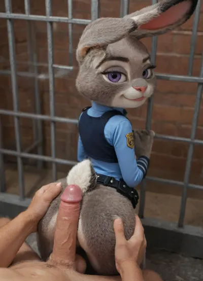 (Furry, Judy Hopps from "Zootopia":1.7), ((Disney)), rabbit, wearing officer uniform, in jail cell, seductive smirk, bubble butt, grabbing prisoners dick through bars