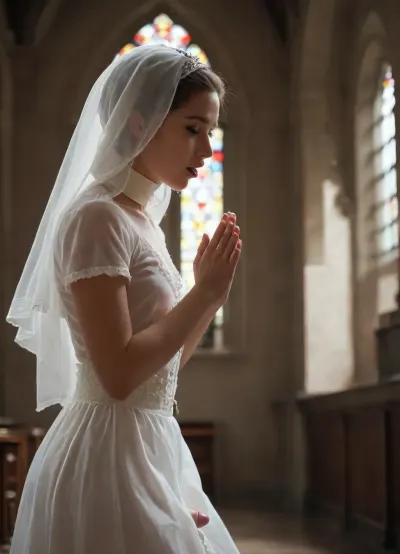A masterpiece, full shot, cinematic photo of one femboy pray in the confessional, perfect lighting, perfect lively eyes, the altar in an antique church, In the confessional, on kneel, penis drool a lot, Divine light, in ecstasy, small, soft penis, before the cross of Jesus, side view