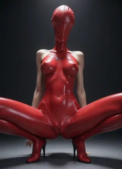 (intricately detailed Asuka from Evangelion in red latex full body catsuit), squatting, legs spread at maximum angle, (covered very massive nipples:1.5), (covered small conical breasts:1.6), (highly detailed hair), naked woman, (skinny:1.8), (huge cameltoe:1.7), Dark background